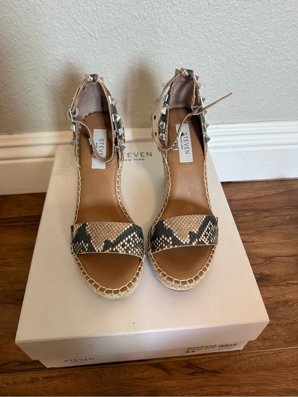 Steven By Steve Madden Snake-Print Espadrille Wedges in Taupe and Black
